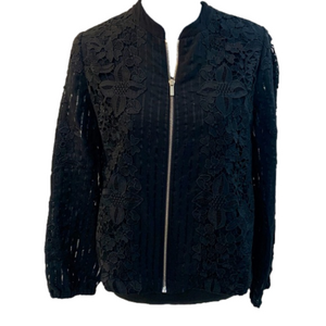Chico's Black Lace Semi Sheer Stripe Zip Bomber Jacket Women's 1 (Medium)